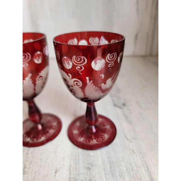 Egermann red cup Bohemian etched glass set collectible vintage - Picture 8 of 13